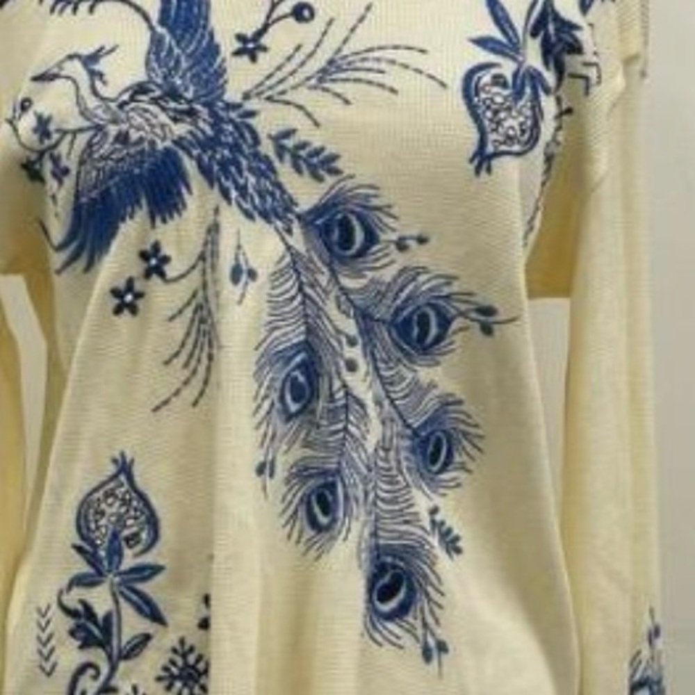 Johnny Was Cream and Blue Peacock Embroidered Shirt NEW WITH TAGS L/S Size small - Picture 5 of 11